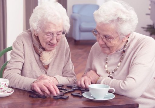 Two elderly ladies having a cup of tea and chatting together
